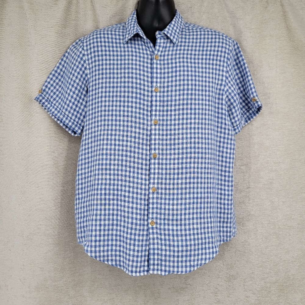 Murano Baird McNutt Linen Blue White Gingham Short Sleeve Button Down Shirt